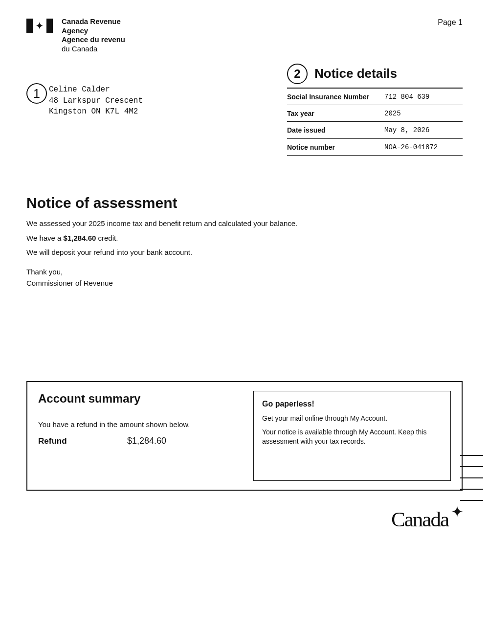 Box Draw Eval example: Canada Revenue Agency — Notice of Assessment
