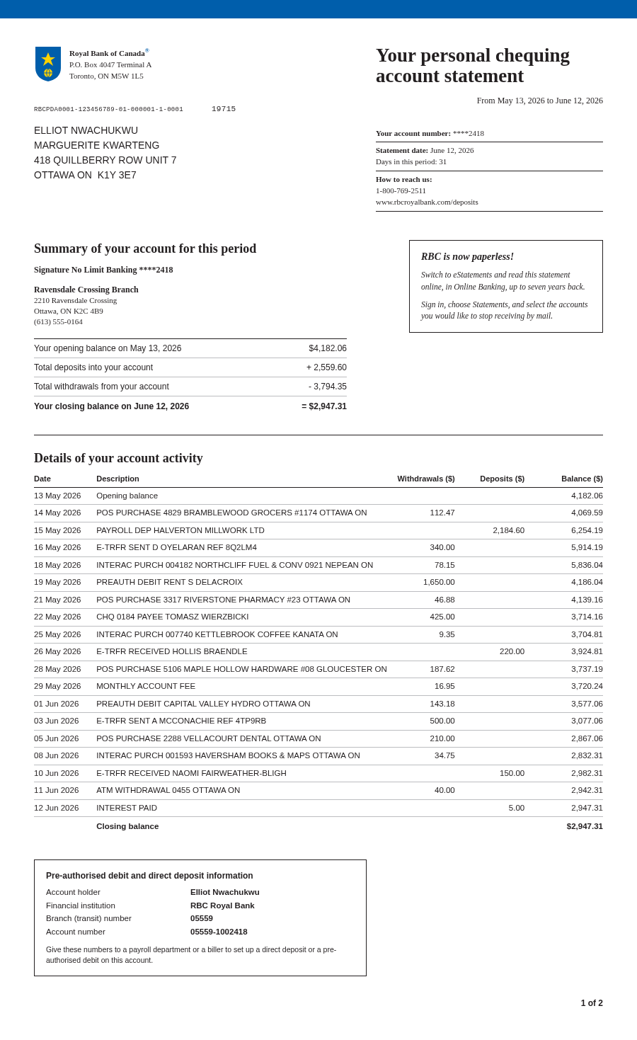 Box Draw Eval example: RBC Royal Bank — monthly chequing statement